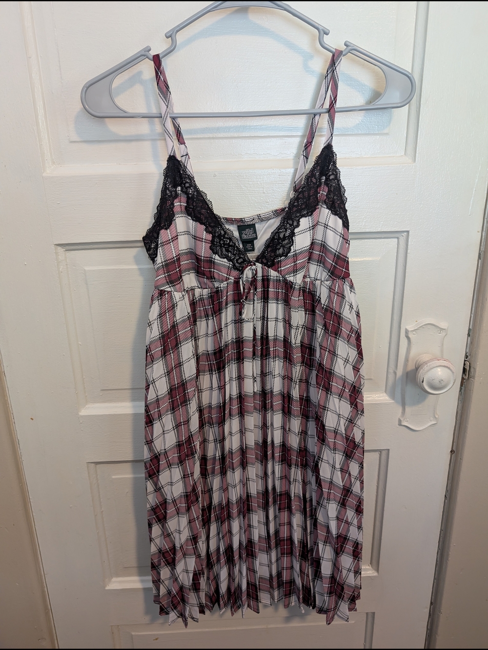 NWT Coquette Romantic Burgundy and White Plaid Lace-Trim Mini Dress Wild Fable